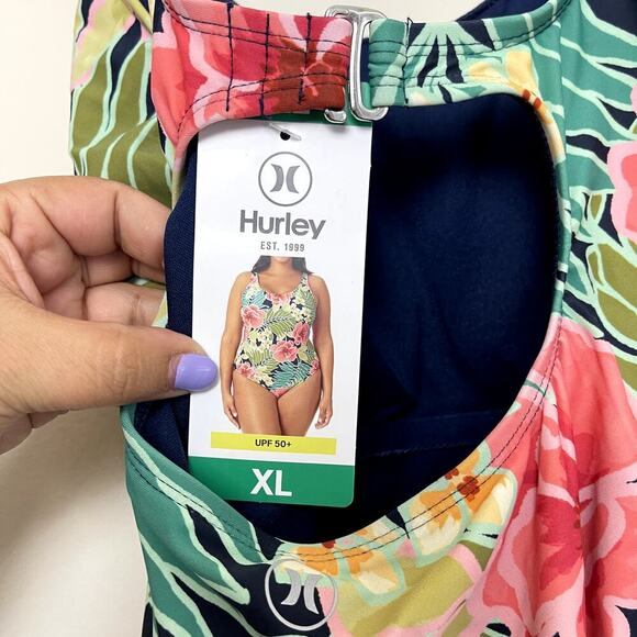 NWT Hurley 50+ Sun Protection Floral One Piece Swimsuit Pink Multi Pull On Sz XL - Picture 6 of 9